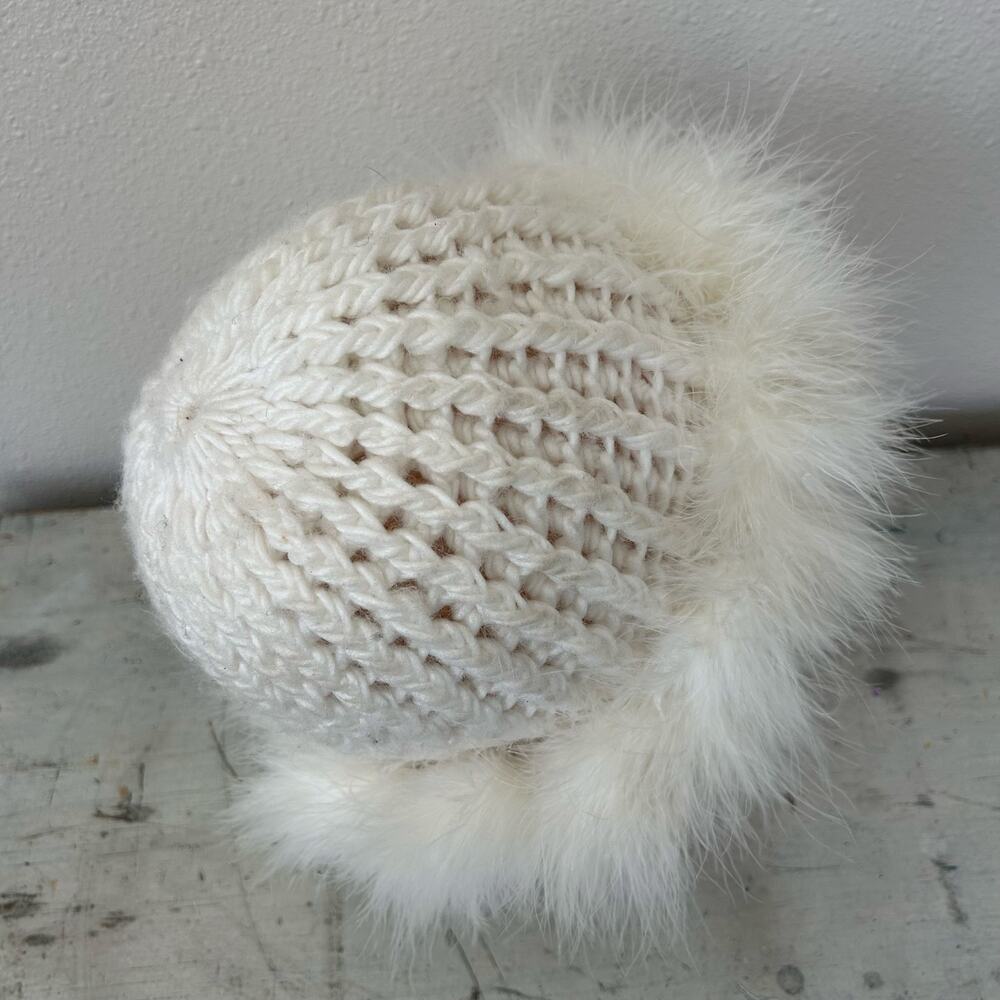 Vintage Chunky Knit Beanie Hat Feather Trim Y2K Winter Snow Bunny ski white - Picture 13 of 16
